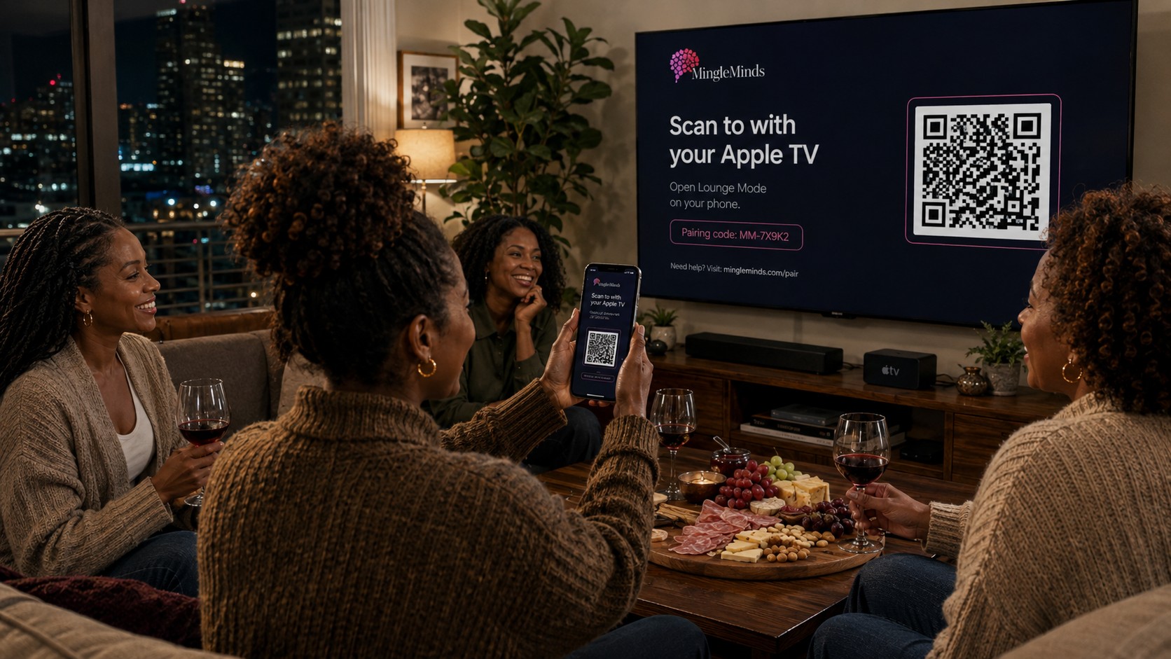 Four friends in a living room. One holds her iPhone up toward the television, which is showing the MingleMinds connect screen with a QR code, while an Apple TV box sits on the console below.