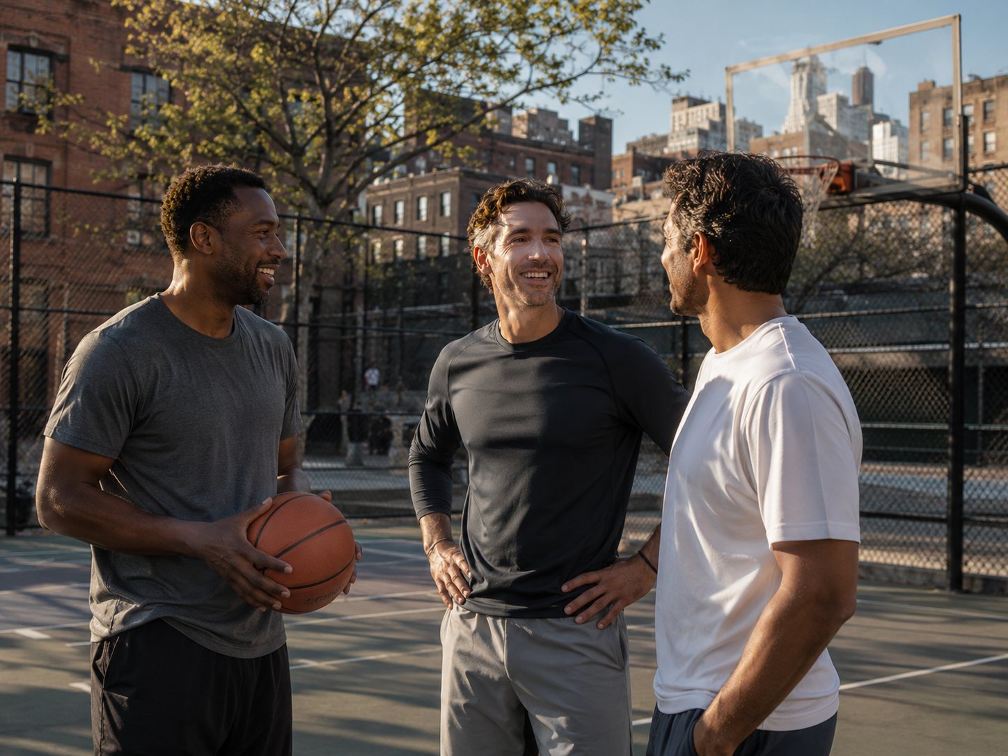 Three men in their forties stand talking and laughing on a neighbourhood basketball court in late afternoon light, one holding a ball.